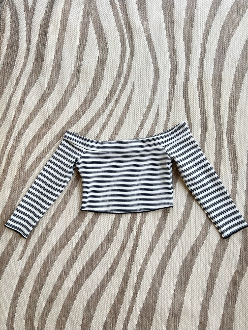 Zara Striped Off-Shoulder 3/4 Sleeve Knit Crop Top - Black & White